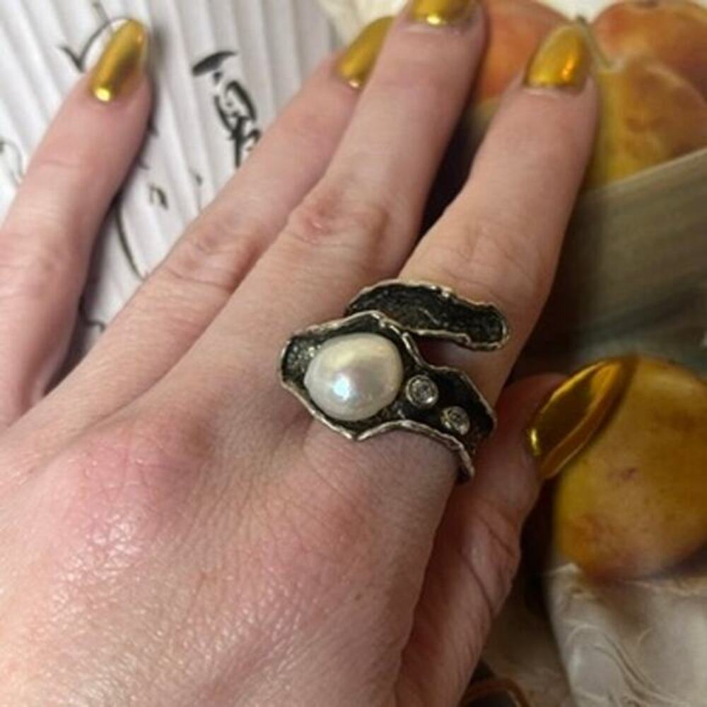 Artisan Sterling Silver Genuine Pearl and Sparkling CZ Wrap Ring